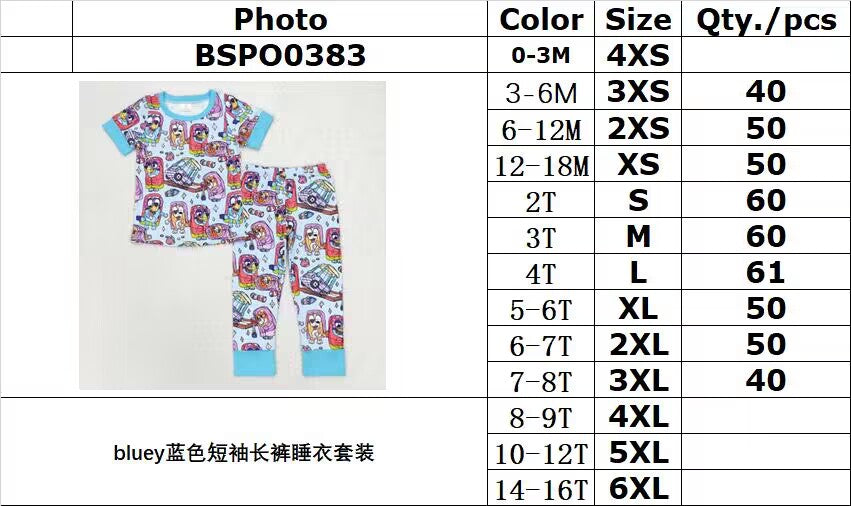 RTS NO MOQ BSPO0383 bluey Blue Short Sleeve Long Pants Pajama Set