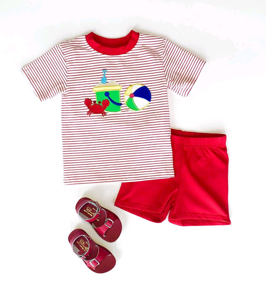 Deadline: February 26 CUSTOM no moq BSSO1049 Red Striped Short Sleeve Shorts Set