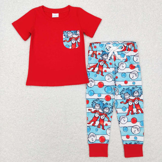 BSPO0239 dr seuss pocket red short sleeve striped blue and white trousers suit