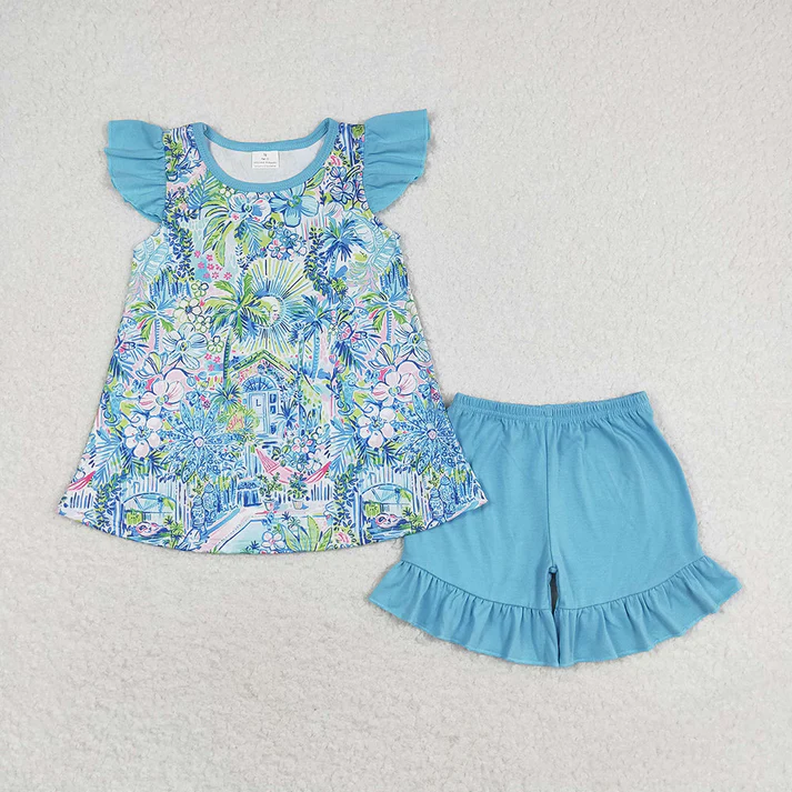 RTS Baby Girls Blue Flowers Sibling Rompers Clothes Sets