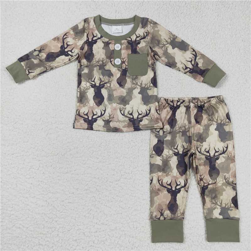 RTS Baby Kids deer prints green Sibling Rompers Clothes Set