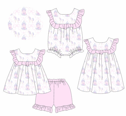 1.15 custom each style moq 5eta 4-6week Sibling Sisters bow baby girl short sleeve shorts sets and dress and rompers match family design