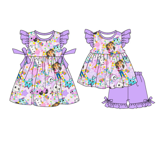 1.4 custom each style moq 5eta 4-6week Sibling Sister cartoon baby girl short sleeve shorts sets and dresses match design