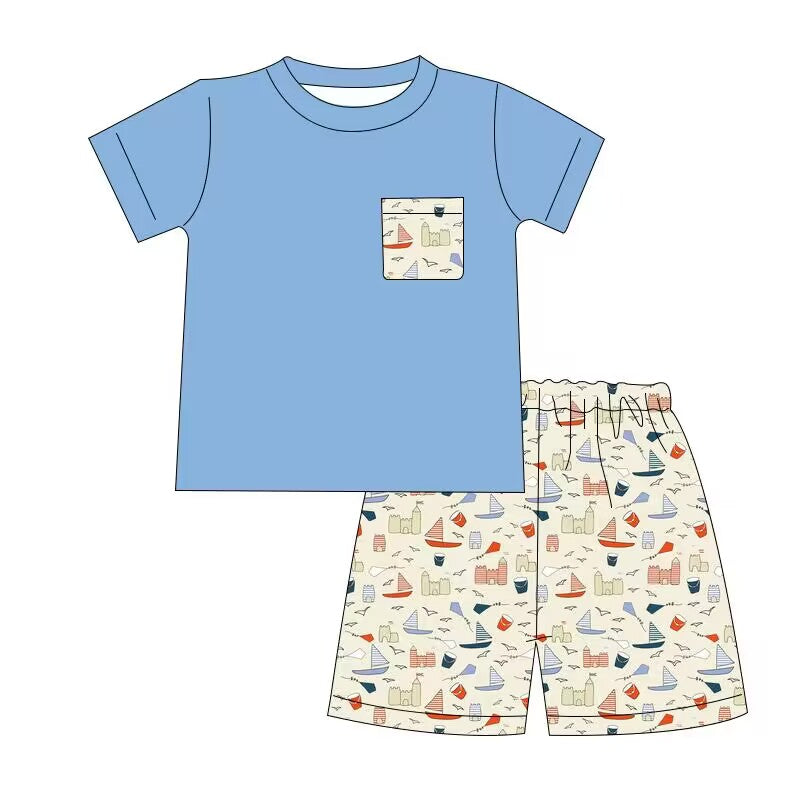 5.10custom each style moq 5eta 4-5week Sibling Sister sea sailing boat print blue girls and boys set match family design