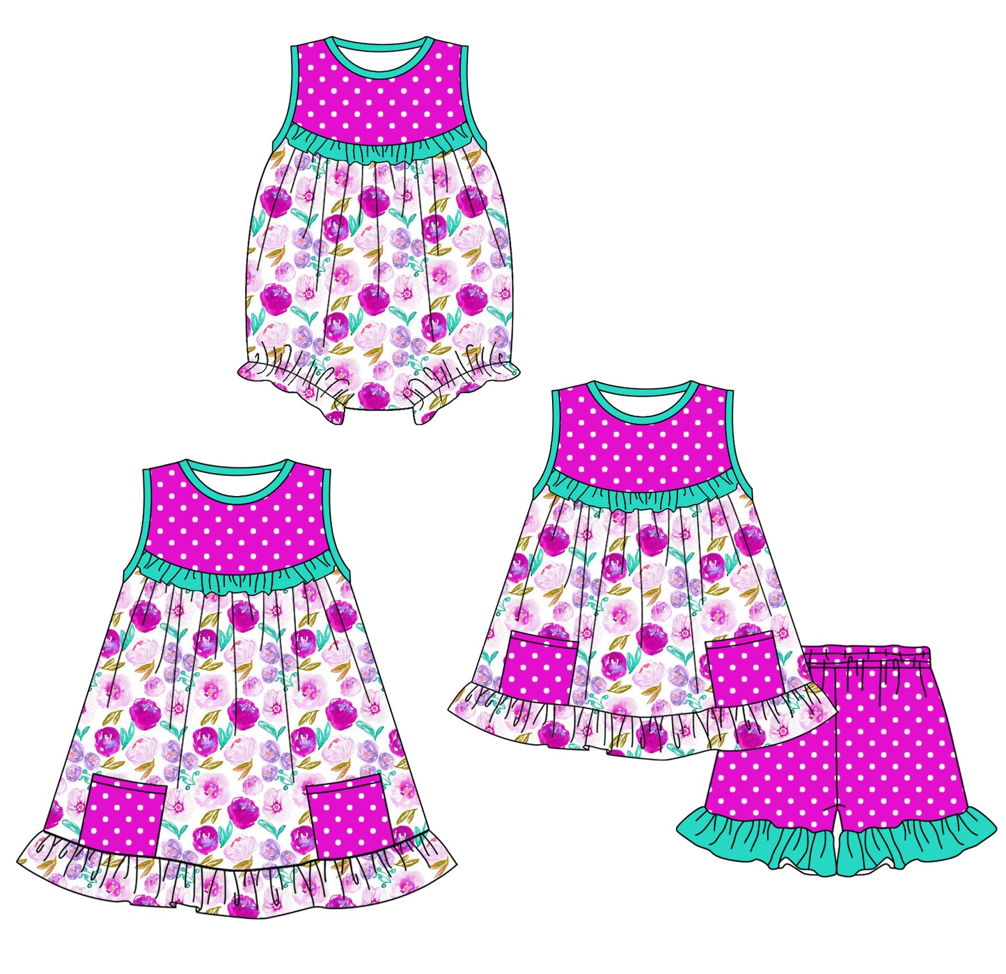 1.24 custom each style moq 5eta 4-6week Sibling Sisters floral baby girl short sleeve shorts sets and dress and rompers match family design