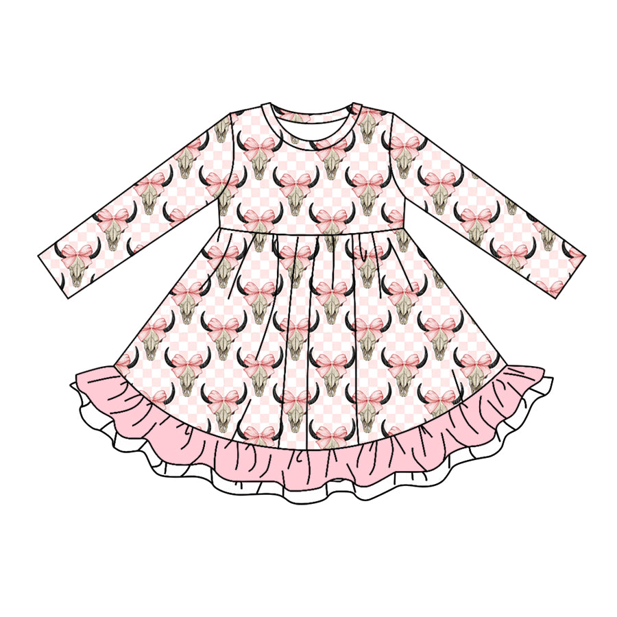 5.14custom each style moq 5eta 4-5week Sibling Sister Pink bow horn head prints pink-white plaid girls and boys outfits and baby romper and dress match family design