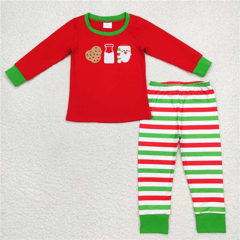 Baby Girls boys Christmas style printed red top and green and red striped trousers Family siblings set