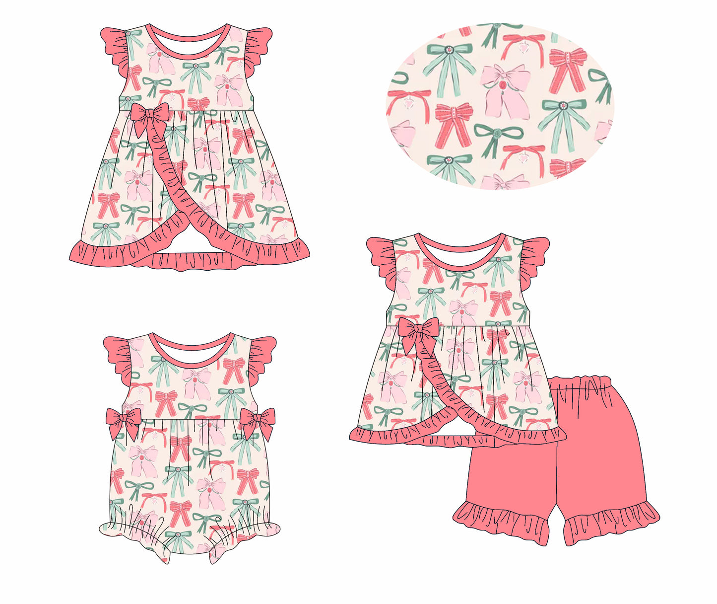 1.13 custom each style moq 5eta 4-6week Sibling Sisters bow baby girl short sleeve shorts sets and dress and rompers match family design