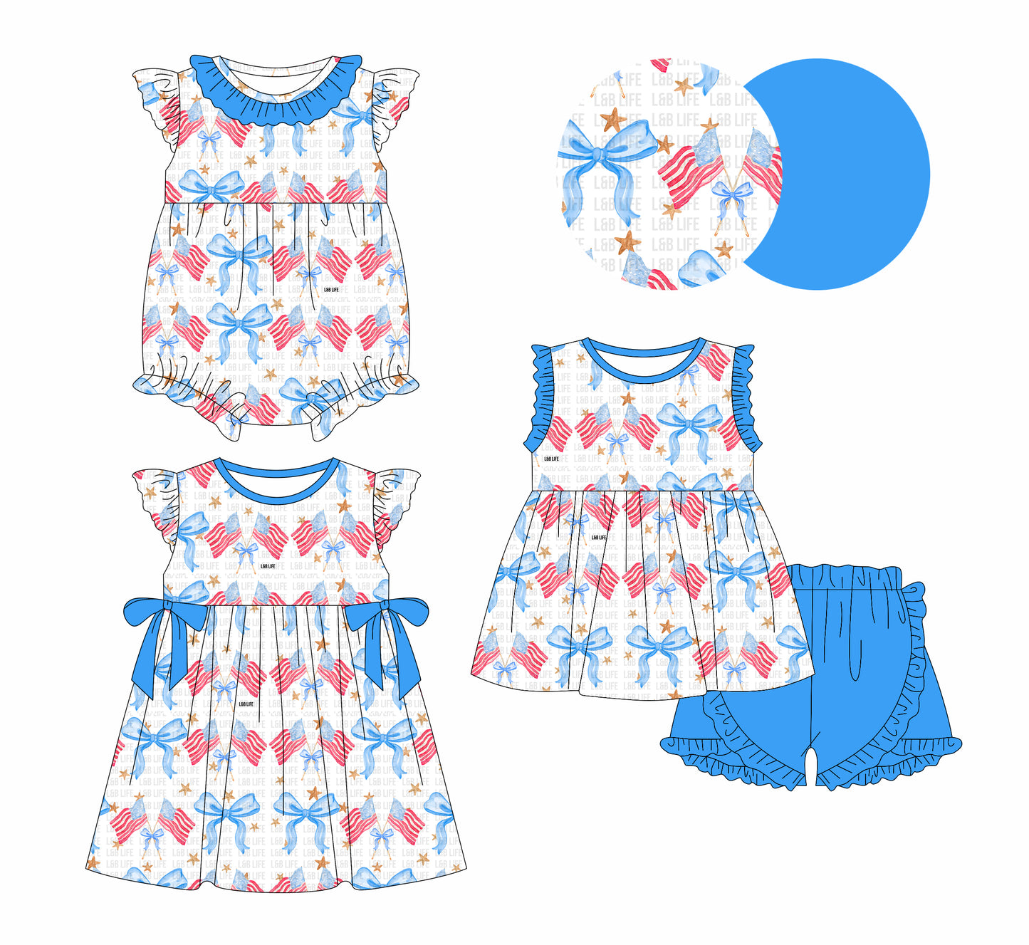 12.31 custom each style moq 5eta 4-6week Sibling Sistes bow flag baby girl short sleeve shorts sets and dress and rompers match family design