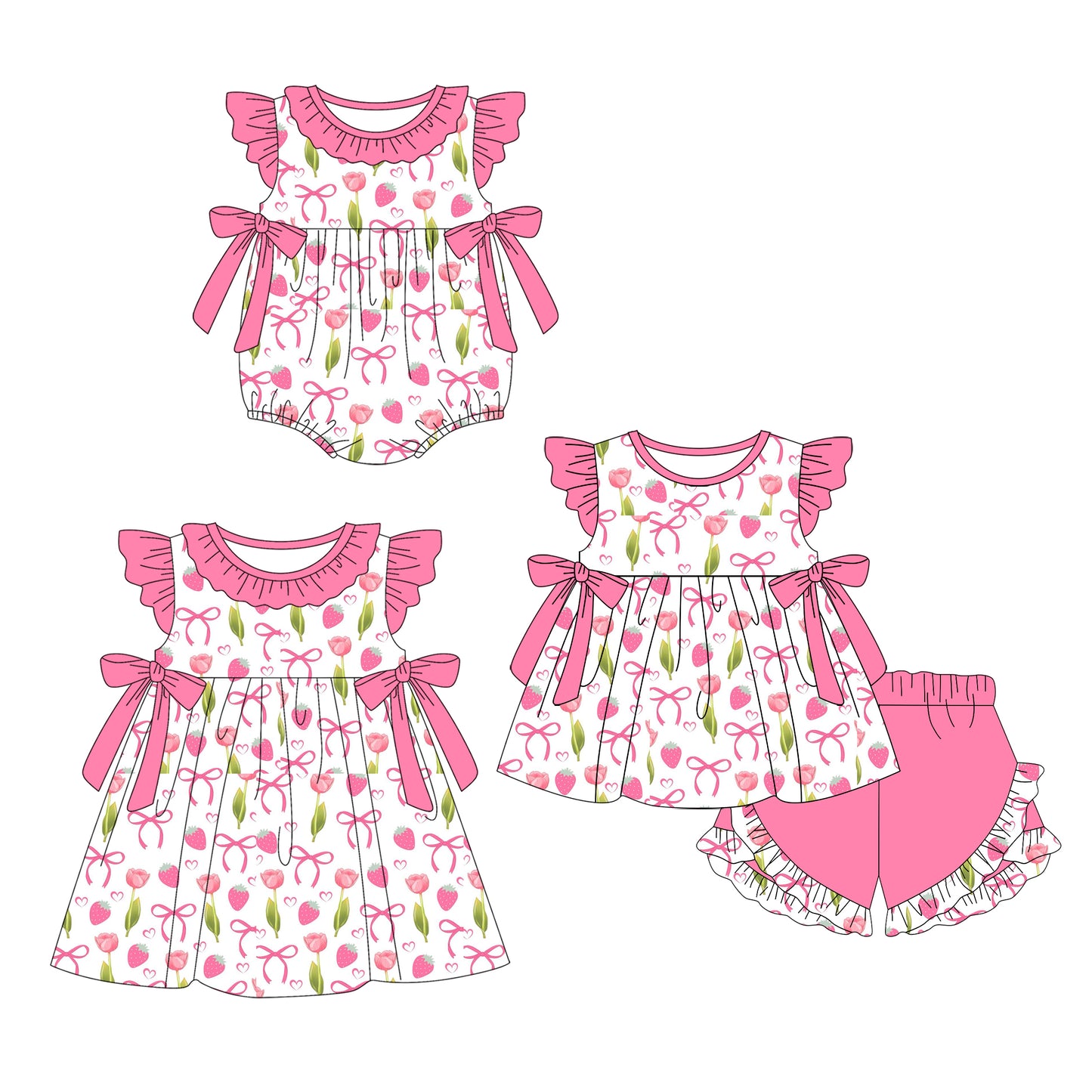 1.14 custom each style moq 5eta 4-6week Sibling Sisters strawberry bow baby girl short sleeve shorts sets and dress and rompers match family design