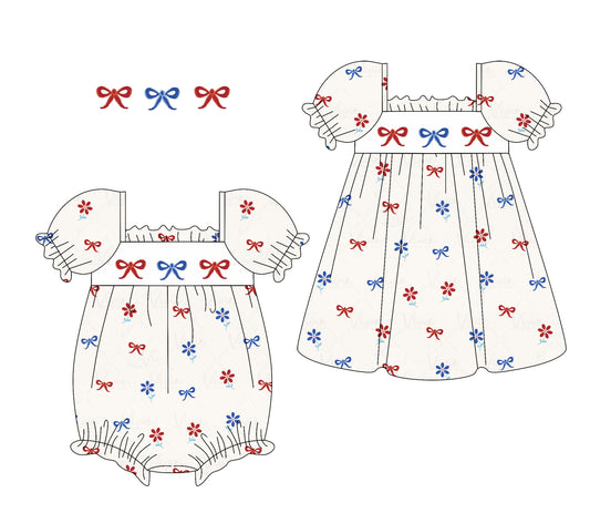 1.10 custom each style moq 5eta 4-6week Sibling Sister bow baby girl short sleeve dress and rompers match family design