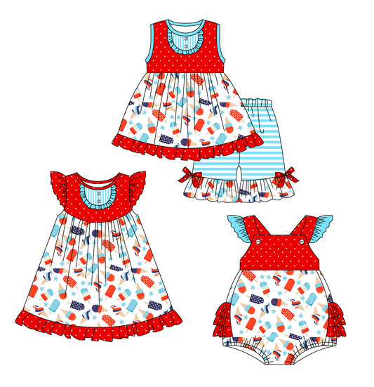 12.28 custom each style moq 5eta 4-6week Sibling Sister ice cream baby girl short sleeve shorts sets and dress and rompers match family design