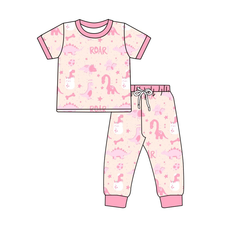 5.3custom each style moq 5eta 4-5week dinosaur prints pink short sleeves with long pants and baby romper