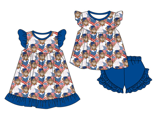 12.30 custom each style moq 5eta 4-6week Sibling Sister 4th of july baby girl short sleeve shorts sets and dresses match design