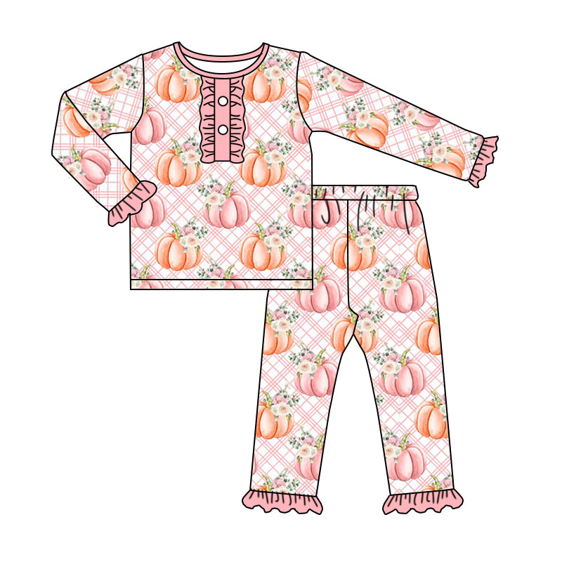 5.7custom each style moq 5eta 4-5week Sibling Sister pink pumpkin prints pink plaid girls outfits and baby romper match family design