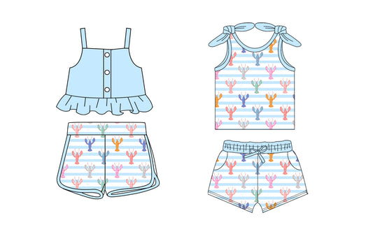 1.23 custom each style moq 5eta 4-6week Sibling Sister crayfish baby girls short sleeve shorts sets and set 2 match design