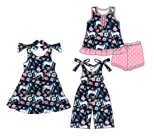 3.15 custom each style moq 5eta 4-6week Sibling Sister floral horse baby girl short sleeve shorts sets and dresses and jumpsuit match design