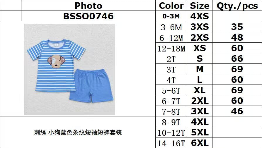 BSSO0746 Embroidered puppy blue striped short-sleeved shorts suit