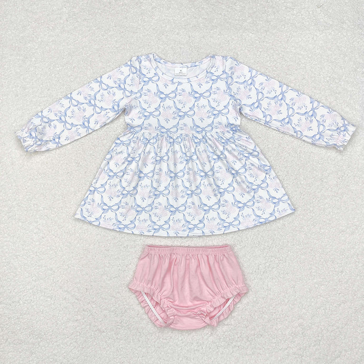 RTS NO MOQ Eta 5/7days Girls Blue Bows Flowers Bummie Clothes Dresses Flowers
