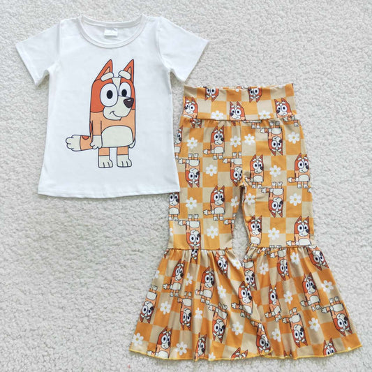 GSPO0860 Cartoon bluey bluey white short-sleeved flower orange plaid trousers suit