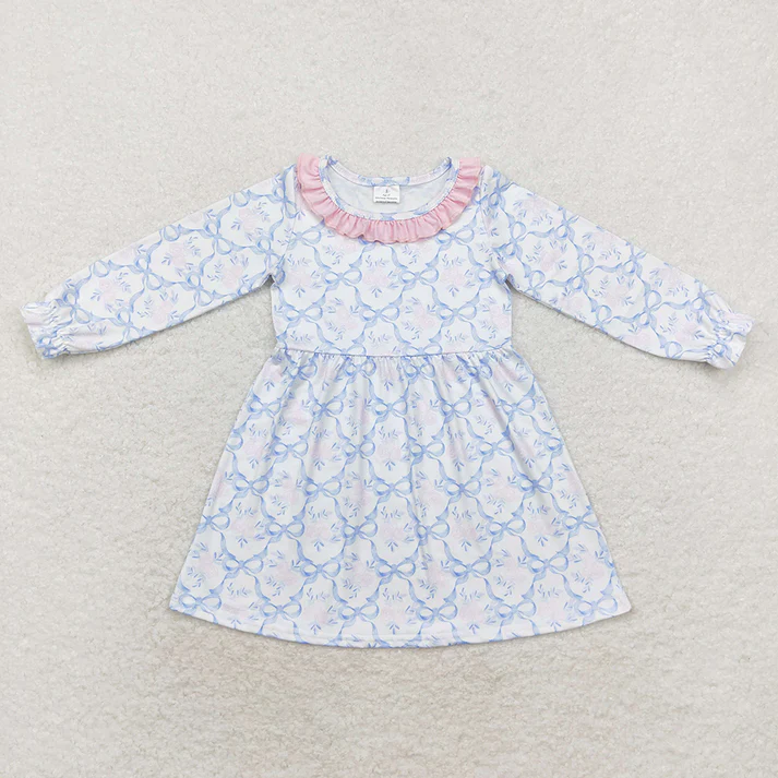 RTS NO MOQ Eta 5/7days Girls Blue Bows Flowers Bummie Clothes Dresses Flowers
