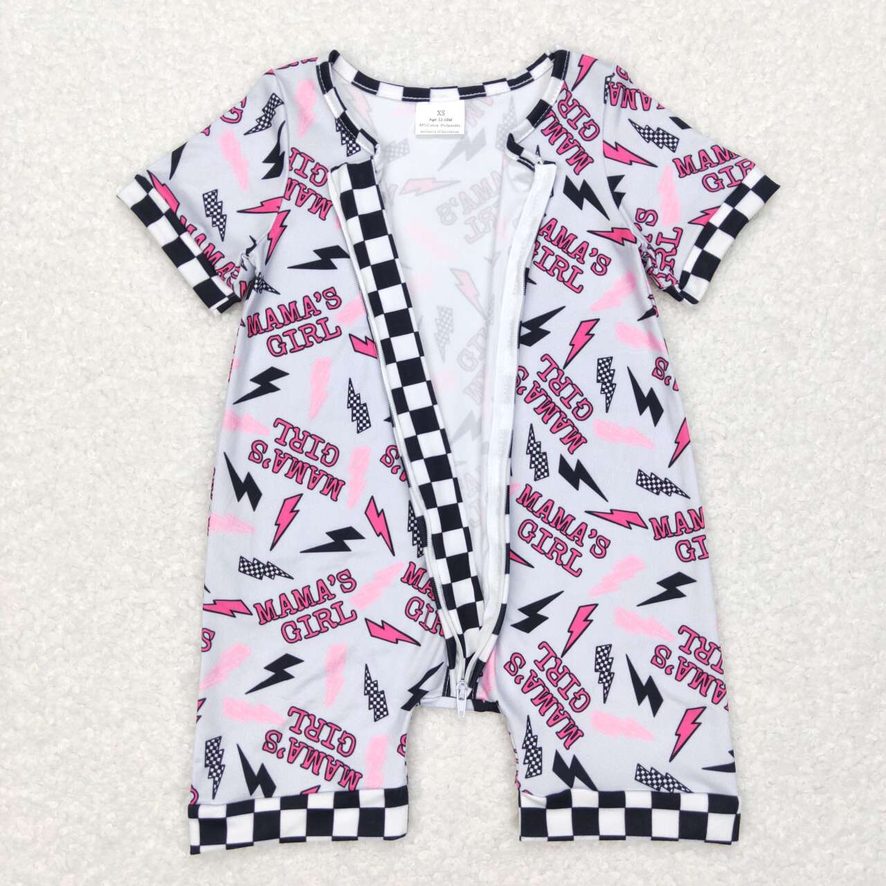 SR0562 mama's girl lightning black and white checkered gray short sleeve zipper jumpsuit