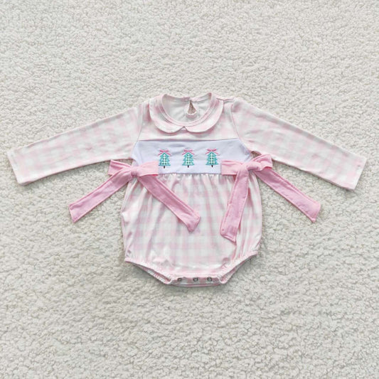 LR0334 Embroidered Christmas Tree Plaid Pink Bow Long Sleeve Bodysuit