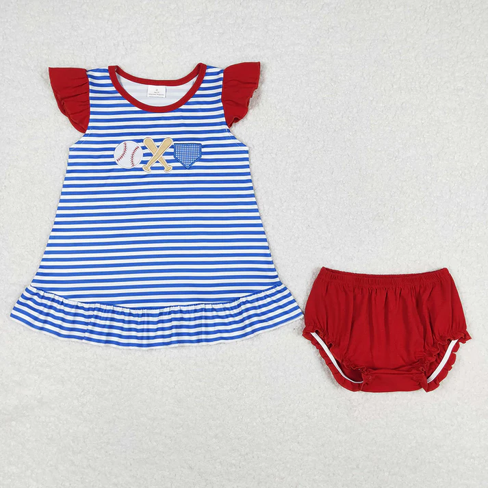 RTS Baby Girls Blue Stripes Baseball Summer Sibling Clothes Sets