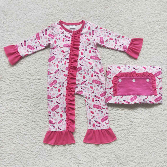 LR0600 barbie rose pink lace zipper long sleeve jumpsuit