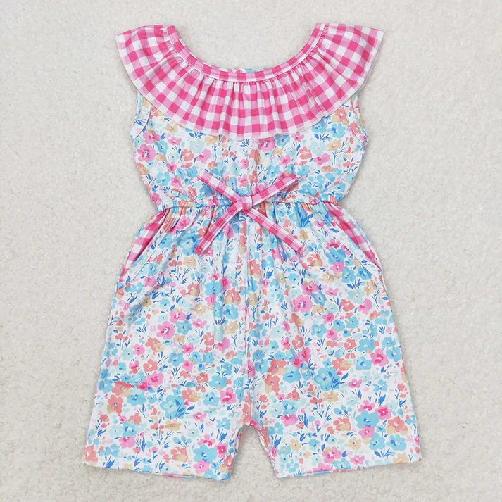 RTS NO MOQ Baby Girls Pink Checkered Floral Summer Sibling Rompers Clothes Sets