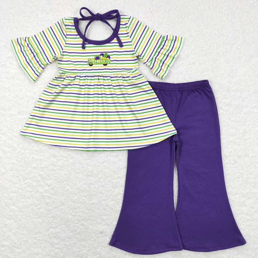 GSPO1021 Carnival Embroidered Truck Purple Green Yellow Striped Lace Short Sleeve Purple Pants Suit