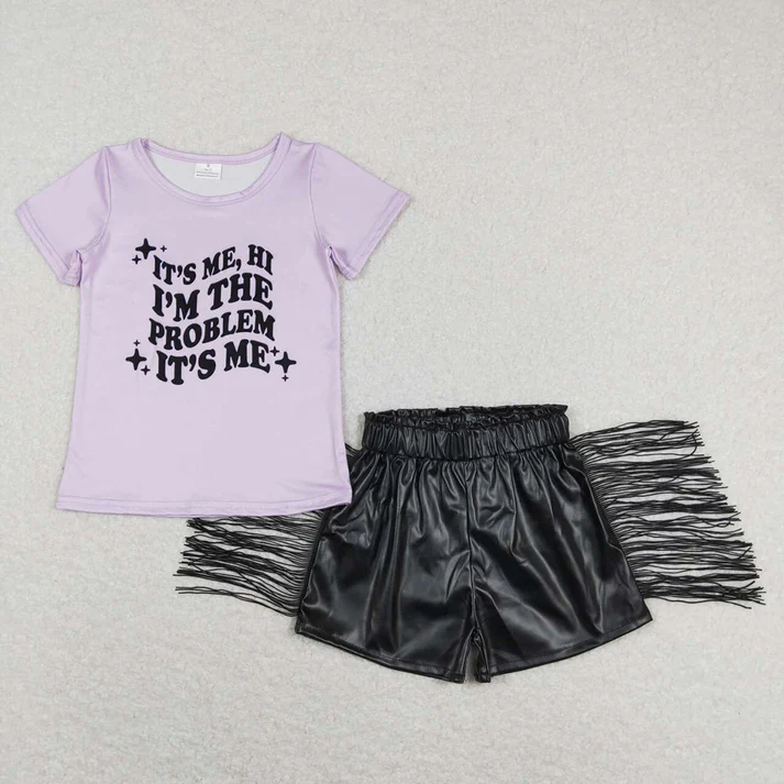 RTS Baby Girls Purple Singer Problem Shirts Tassel Leather Shorts Clothes Sets