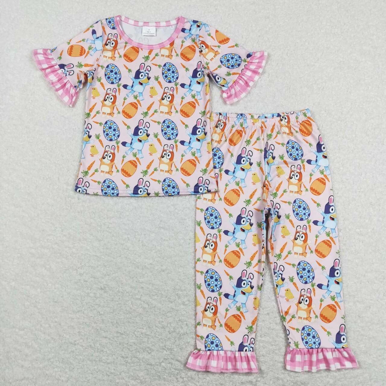 GSPO1253 Cartoon dog bluey carrot Easter egg pink plaid lace short-sleeved trousers suit