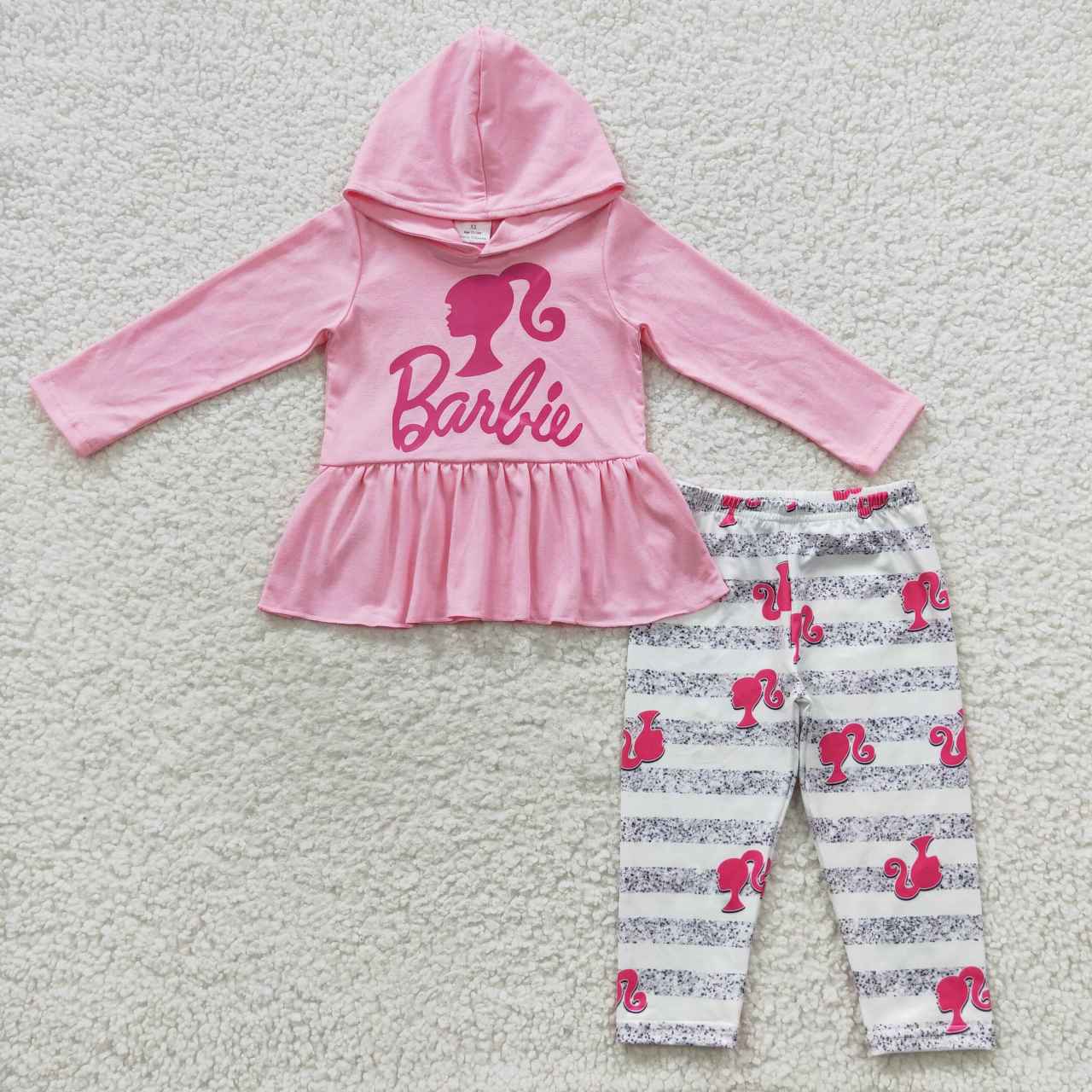 GLP0485 barbie offset pink hooded long-sleeved top striped trouser sui ...