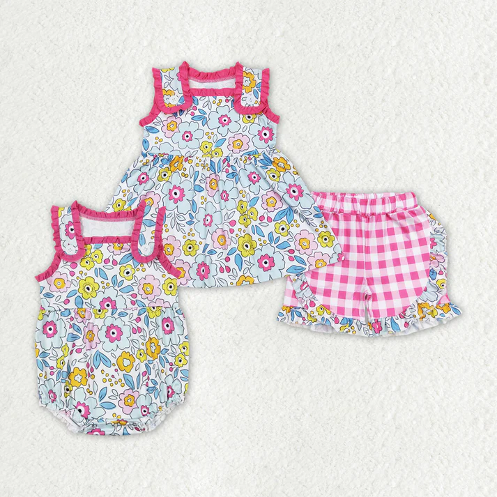 RTS Baby Girls Pink Flowers Buttons Summer Sibling Sister Outfits Clothes Sets