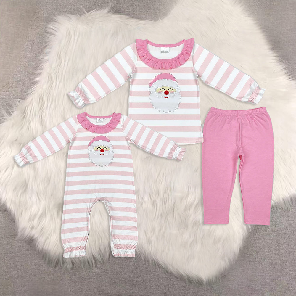 RTS NO MOQ Sibling Baby girls Christmas embroidery santa claus long-sleeved trousers suit & romper
