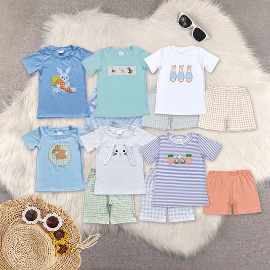 RTS NO MOQ Sibling baby boy clothes embroidery easter short sleeve shorts sets