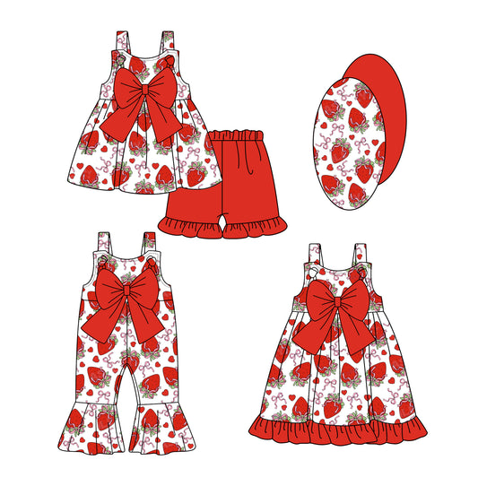 1.3 custom each style moq 5eta 4-6week Sibling Sister strawberry bow baby girl short sleeve shorts sets and girls romper and jumpsuit match design