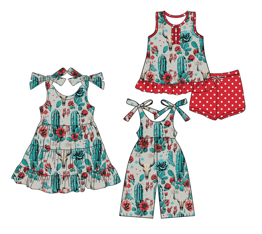 3.18 custom each style moq 5eta 4-6week Sibling Sister catcus floral baby girl short sleeve shorts sets and dresses and jumpsuit match design
