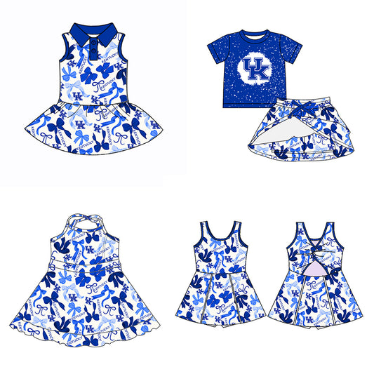 Custom moq 5 mix sizes summer teams baby girls clothes team blue short sleeve skirts shorts sets dress 1 and dress 2 and dress 3 and dress 4-25.5.14