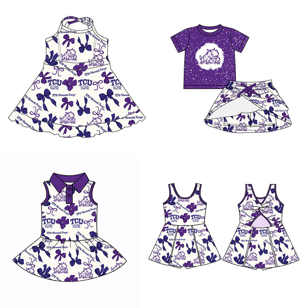 Custom moq 5 mix sizes summer teams baby girls clothes team purple short sleeve skirts shorts sets dress 1 and dress 2 and dress 3 and dress 4-25.5.23