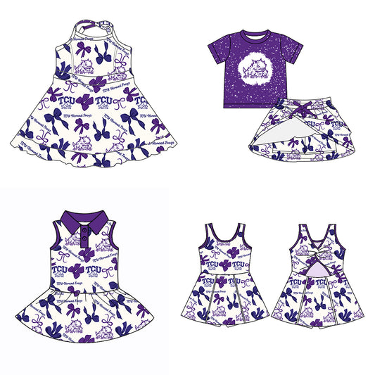 Custom moq 5 mix sizes summer teams baby girls clothes team purple short sleeve skirts shorts sets dress 1 and dress 2 and dress 3 and dress 4-25.5.23