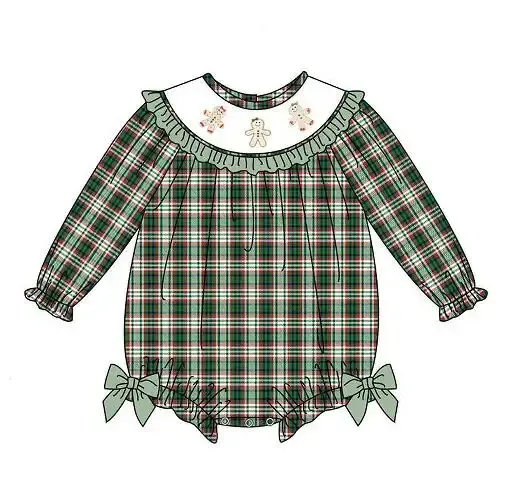 Custom moq 3 MIX SIZE eta 7/8week moq 5 eta /4/5week Biscuit Bear Print Green Irregular Plaid Long Sleeve Mixed Suit