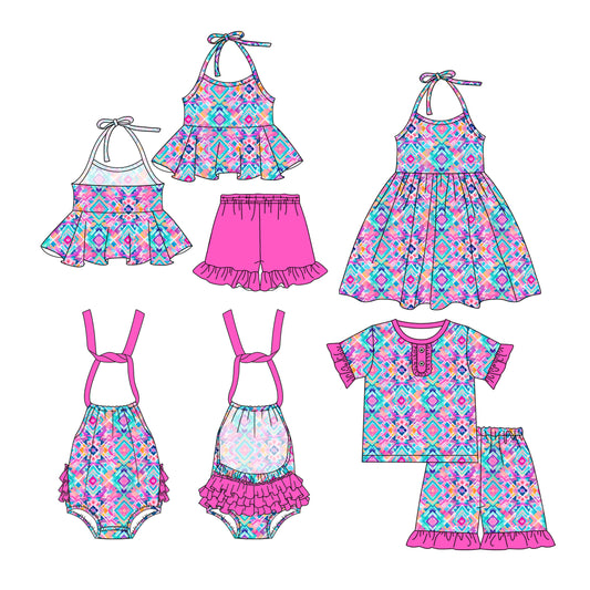 26.1.2 custom each style moq 5 eta 6-8week Sibling Sister geometric baby short sleeve shorts sets 2 and romper and dress match design