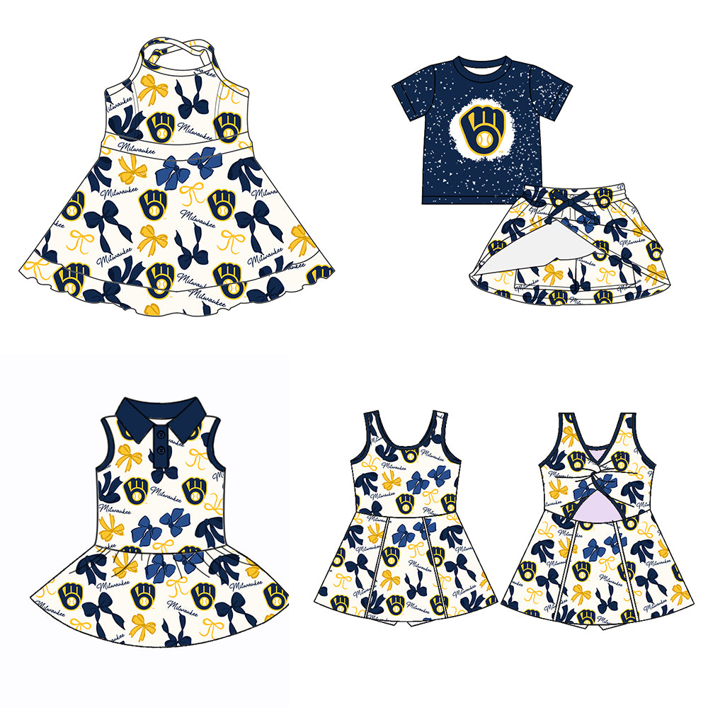 Custom moq 5 mix sizes summer teams baby girls clothes team blue short sleeve skirts shorts sets dress 1 and dress 2 and dress 3 and dress 4-25.5.21