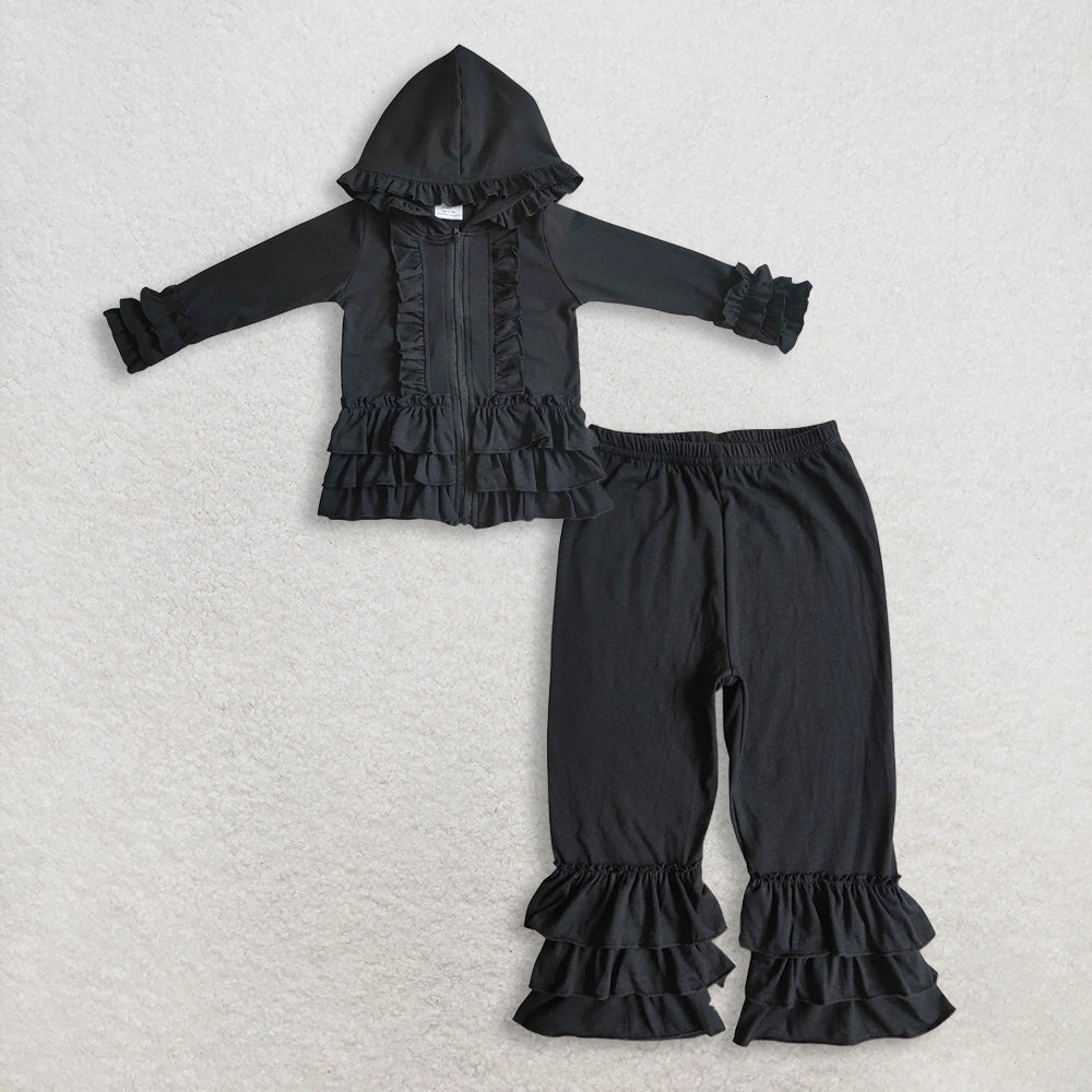 RTS NO MOQ Sibling baby girl clothes lace black hooded long-sleeved sets and top and pants