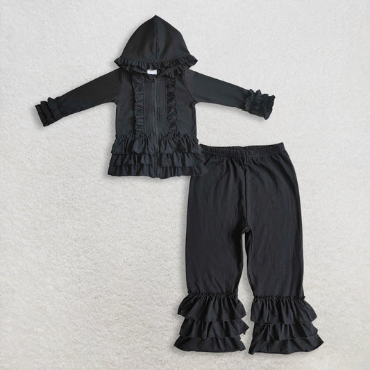 RTS NO MOQ Sibling baby girl clothes lace black hooded long-sleeved sets and top and pants