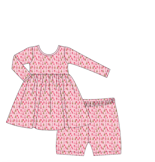 Custom moq 3 eta 7/8week moq 5 eta /4/5week Pink Christmas Tree-Gift Box Long Sleeve Top and Shorts Set