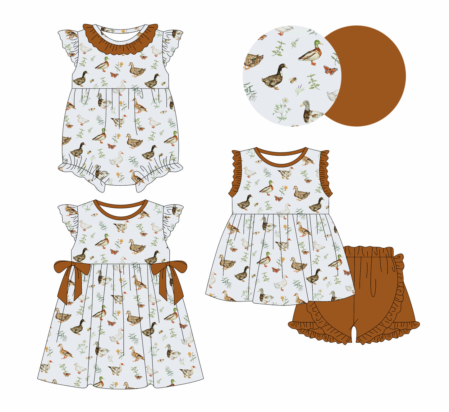 1.18 custom each style moq 5eta 4-6week Sibling Sisters duck baby girl short sleeve shorts sets and dress and rompers match family design