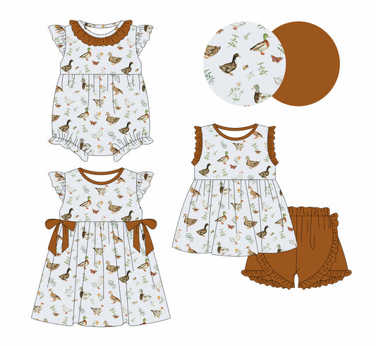 1.18 custom each style moq 5eta 4-6week Sibling Sisters duck baby girl short sleeve shorts sets and dress and rompers match family design